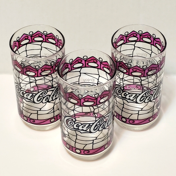 Vintage 70s Coca Cola Stained Glass Drinking Glass Purple Set of 3 - Picture 2 of 5
